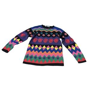 90's Colorful Knit Pullover Sweater Women's Size M 3D Retro Geometric Cotton